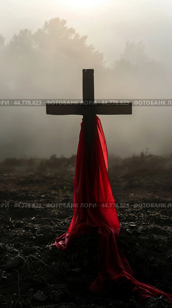 Wooden cross with red fabric in foggy background, concept of spirituality. Стоковое AI-изображение, AI-художник Анастасия Золотницкая / Фотобанк Лори