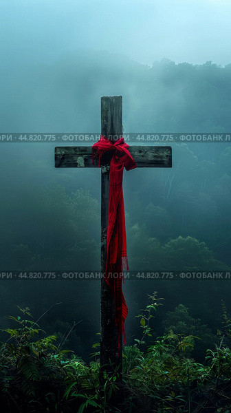 Wooden cross with red fabric in foggy background, concept of spirituality. Стоковое AI-изображение, AI-художник Анастасия Золотницкая / Фотобанк Лори