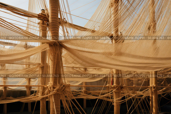 Wooden masts and nets creating a pattern on a ship. Стоковое AI-изображение, AI-художник Иван Рябоконь / Фотобанк Лори