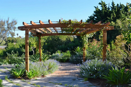 Wooden pergola providing shade in a lush garden landscape. Стоковое AI-изображение, AI-художник Иван Рябоконь / Фотобанк Лори