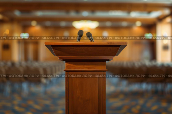 Wooden podium with microphones stands in conference hall awaiting speaker. Стоковое AI-изображение, AI-художник Иван Рябоконь / Фотобанк Лори
