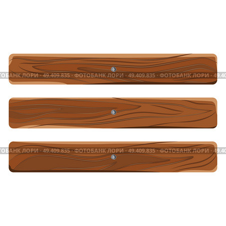Wooden signs collection of three long lines attached by nails isolated on white. Realistic vector poster of empty artboards for notices. Wooden signs collection of three attached by nails. Стоковая иллюстрация, агентство Ingram Publishing / Фотобанк Лори