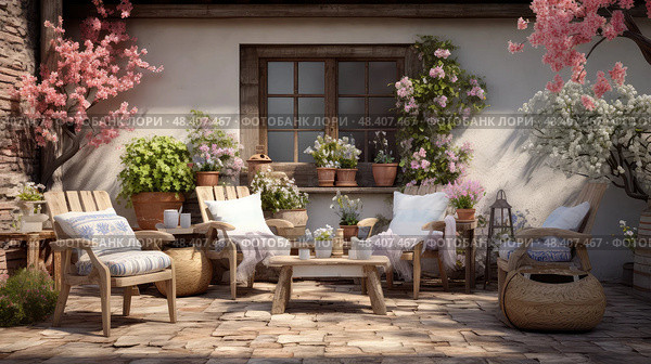 wooden spring patio ai generated. Стоковое AI-изображение, AI-художник Vectorwin / Фотобанк Лори