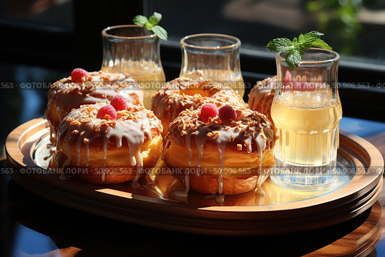 Wooden Tray With Iced Donuts. Стоковое AI-изображение, AI-художник Екатерина Красникова / Фотобанк Лори