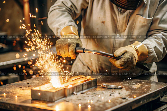 Work at the factory. Working professions. Men's hands in protective gloves with metal. There are sparks around. Hard work that requires high concentration and professionalism. Стоковое AI-изображение, AI-художник Photojuli / Фотобанк Лори