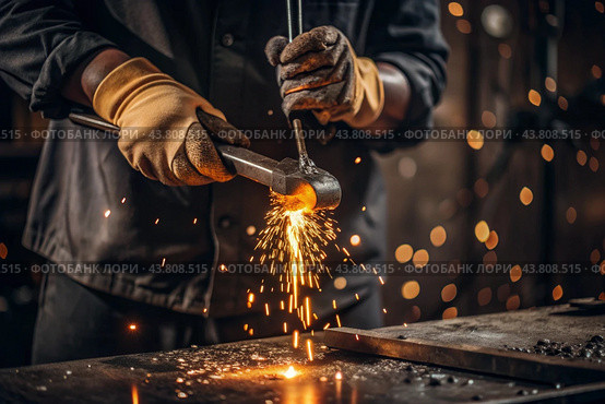 Work at the factory. Working professions. Men's hands in protective gloves with metal. There are sparks around. Hard work that requires high concentration and professionalism. Стоковое AI-изображение, AI-художник Photojuli / Фотобанк Лори