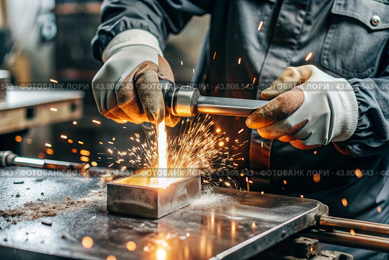Work at the factory. Working professions. Men's hands in protective gloves with metal. There are sparks around. Hard work that requires high concentration and professionalism. Стоковое AI-изображение, AI-художник Photojuli / Фотобанк Лори