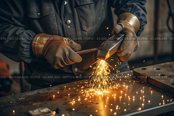 Work at the factory. Working professions. Men's hands in protective gloves with metal. There are sparks around. Hard work that requires high concentration and professionalism. Стоковое AI-изображение, AI-художник Photojuli / Фотобанк Лори