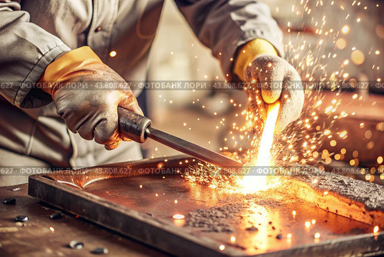 Work at the factory. Working professions. Men's hands in protective gloves with metal. There are sparks around. Hard work that requires high concentration and professionalism. Стоковое AI-изображение, AI-художник Photojuli / Фотобанк Лори