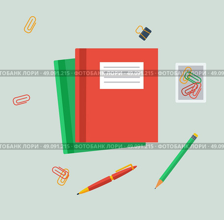 Work table tablet and document design flat. Work and tablet, workplace office, office workplace, business table, workspace place, page view top, creativity worktable, folder and document illustration. Стоковая иллюстрация, агентство Ingram Publishing / Фотобанк Лори