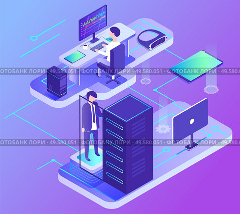 Worker communication with computer, wireless device, data center, element of PC support. Male character with laptop in office. Web service, business technology, 3d view of supercomputer vector. Computer Communication, Data Center, PC Vector. Стоковая иллюстрация, агентство Ingram Publishing / Фотобанк Лори