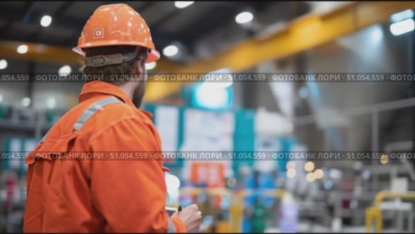 Worker in safety gear takes notes during a site inspection in an industrial facility. Стоковое AI-видео, аниматор Сергей Толмачёв / Фотобанк Лори