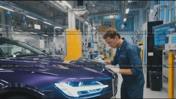 Worker performs quality inspection on a luxury vehicle in a modern factory setting. Стоковое AI-видео, аниматор Сергей Толмачёв / Фотобанк Лори
