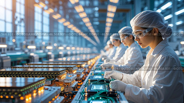 Workers assemble electronic components in a modern factory during daylight hours. Стоковое AI-изображение, AI-художник Сергей Толмачёв / Фотобанк Лори