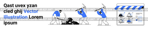 Workers breaking rocks with pickaxes, accompanied by a graphic of an online storefront. Ideal for labor, construction, e-commerce, digital marketplace, work ethic, industrial applications, teamwork. Workers Breaking Rocks with Pickaxes and Online Storefront Interface. Стоковая иллюстрация, агентство Ingram Publishing / Фотобанк Лори