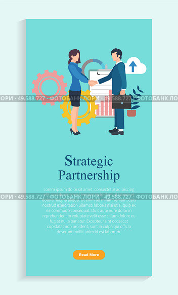 Workers man and woman shaking hands, strategic partnership online. Business cooperation, graph report, connection and development icons vector. Webpage or website template, landing page flat style. Business Union, Company Web Development Vector. Стоковая иллюстрация, агентство Ingram Publishing / Фотобанк Лори