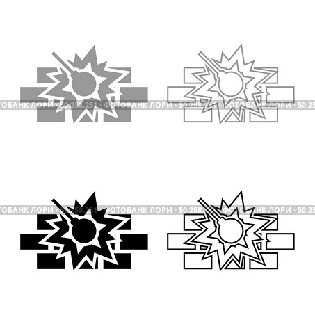 Working demolish machine on building construction Destroying brick wall with metal ball Wrecking house home concepting icon outline set black grey color vector illustration flat style simple image. Working demolish machine on building construction Destroying brick wall with metal ball Wrecking house home concepting icon outline set black grey color vector illustration flat style image. Стоковая иллюстрация, агентство Ingram Publishing / Фотобанк Лори