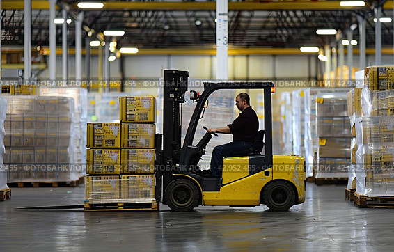 Working Forklift in warehouse. Forklift loader pallet stacker truck equipment at warehouse. Стоковое AI-изображение, AI-художник Ярославский Максим / Фотобанк Лори