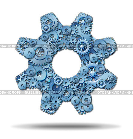 Working industry as in a trade convention with connected company members of a business network that share the same common goals and aspirations for moving forward to financial success with gears and cogs in the shape of a large gear. Стоковое фото, агентство Ingram Publishing / Фотобанк Лори