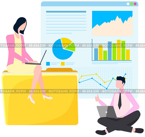 Working man and woman vector, business plan and strategy. People with laptops analyze business data, conduct statistical research. Online statics, data analysis, computation, planning with computer. People with laptops analyze business data. Online statics, analysis, strategy planning concept. Стоковая иллюстрация, агентство Ingram Publishing / Фотобанк Лори
