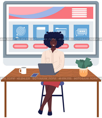 Workplace of african woman working from office. Employee uses laptop for project creation. Brainstorming lady at workspace vector illustration. Dark-skinned girl during work with internet data website. African girl during work with internet data website. Employee uses laptop for project creation. Стоковая иллюстрация, агентство Ingram Publishing / Фотобанк Лори