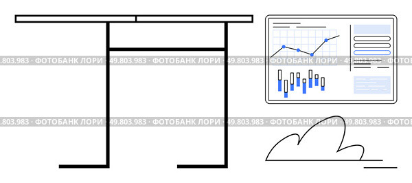 Workspace with a desk, computer screen showing analytics, and a plant motif. Ideal for business, productivity, analytics, finance, technology, corporate presentations, and modern office setups. Line. Workspace with Desk, Data Analytics on Screen, and Plant Motif for Modern Office Environment. Стоковая иллюстрация, агентство Ingram Publishing / Фотобанк Лори