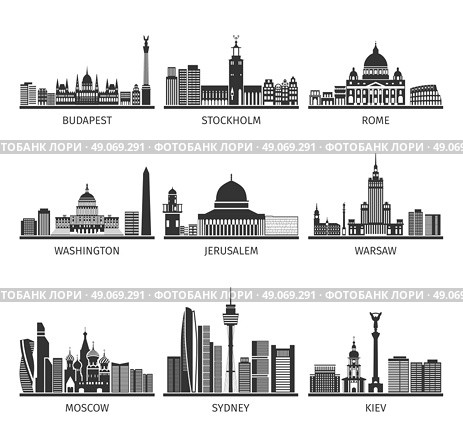 World Famous Cityscapes Black Icons Set. World famous capitals distinctive landscapes architecture sightseeing and landmarks black pictograms set abstract isolated vector illustration  . Стоковая иллюстрация, агентство Ingram Publishing / Фотобанк Лори