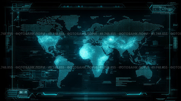 World map with detailed geographic features and grid layout displayed on a vibrant blue background. Стоковое AI-изображение, AI-художник Михаил Коханчиков / Фотобанк Лори
