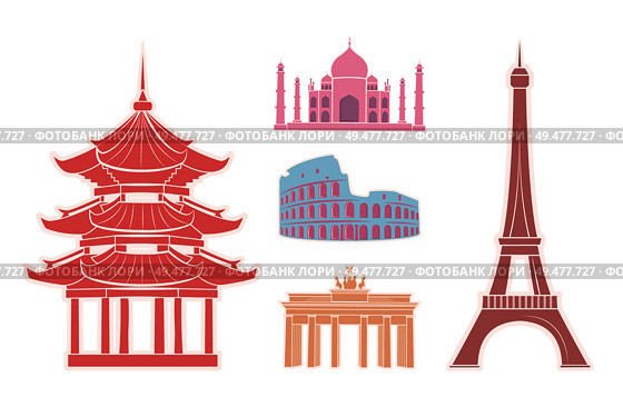 World sights travel stickers set. Indian Taj mahal, Roman Colosseum, German Triumphal arch, Paris Eiffel Tower, Chinese temple vector illustrations.. SFamous Sights and Attractions on Travel Stickers. Стоковая иллюстрация, агентство Ingram Publishing / Фотобанк Лори