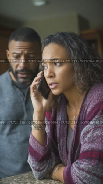 Worried woman receiving bad news on phone, husband listening. Стоковое AI-видео, аниматор Юрий Поздников / Фотобанк Лори