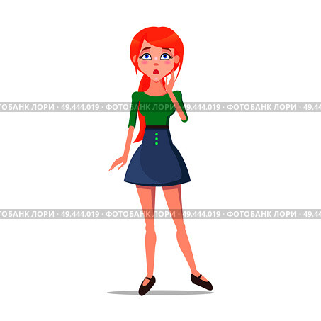 Worried young woman illustration. Beautiful redhead girl in blouse and skirt standing with surprised face expression flat vector isolated on white background. Confused female cartoon character. Worried Young Woman Cartoon Flat Vector Character. Стоковая иллюстрация, агентство Ingram Publishing / Фотобанк Лори