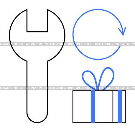 Wrench, circular arrow, gift box with bow. Ideal for maintenance, repair services, warranties, customer returns, rewards programs gifts customer support. Line metaphor. Three key tools for customer satisfaction wrench, circular arrow, tied gift box with bow. Стоковая иллюстрация, агентство Ingram Publishing / Фотобанк Лори