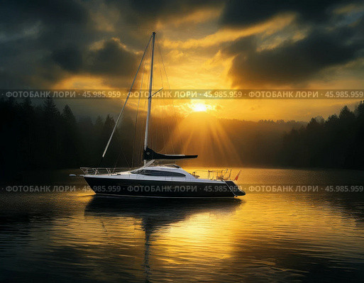 Yacht against the rising sun. River landscape. Стоковое AI-изображение, AI-художник Сергей Елизарьев / Фотобанк Лори
