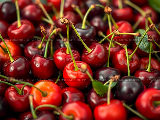 Ягоды черешни на прилавке магазина, на рынке/ Fresh ripe red appetizing cherry - fruit food background. Natural fresh sweet cherry fruit background. Detail shot from red cherries. Стоковое AI-изображение, AI-художник Iva Noel / Фотобанк Лори