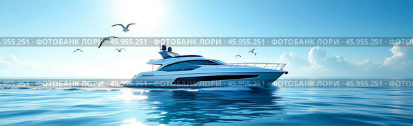 Яхта неспешно плывет по спокойному морю. Стоковое AI-изображение, AI-художник Валерий Лукин / Фотобанк Лори
