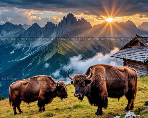 Yak (Cashmere, Mongolian, Tibetan bull) (lat. Bos mutus) is an even-toed ungulate mammal from the genus of true bovines of the Bovidae family. The yak's homeland is Tibet, where it is used as a pack and meat animal. Стоковое AI-изображение, AI-художник Сергей Елизарьев / Фотобанк Лори