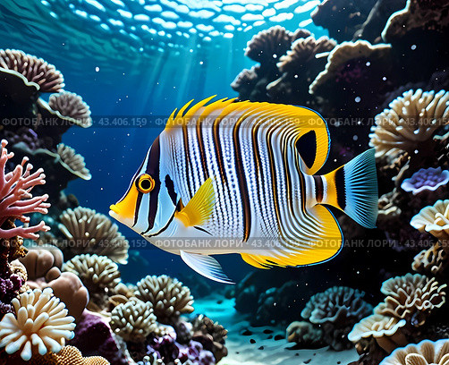Яркий тропический мир кораллового рифа. The vibrant tropical world of the coral reef. Стоковое AI-изображение, AI-художник Гер Олег / Фотобанк Лори