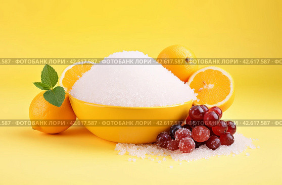 Yellow Bowl Filled With Sugar Surrounded by Fruit - Fresh, Sweet, and Colorful. Стоковое AI-изображение, AI-художник Данил Руденко / Фотобанк Лори