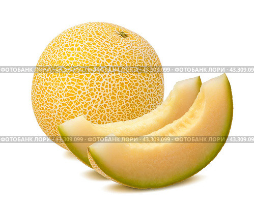Yellow melon, whole and pieces, isolated on white. Стоковое фото, фотограф Катерина Ковалева / Фотобанк Лори