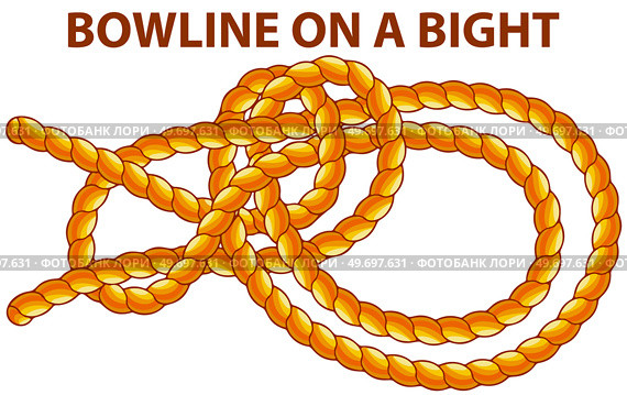Yellow nautical rope knot, interweaving of ropes, cables, tapes or other flexible linear materials. Bowline on a bight isolated on white. Household binding and fastening unit for permanent fastening. Bowline on a bight isolated on white. Household binding and fastening unit for permanent fastening. Стоковая иллюстрация, агентство Ingram Publishing / Фотобанк Лори