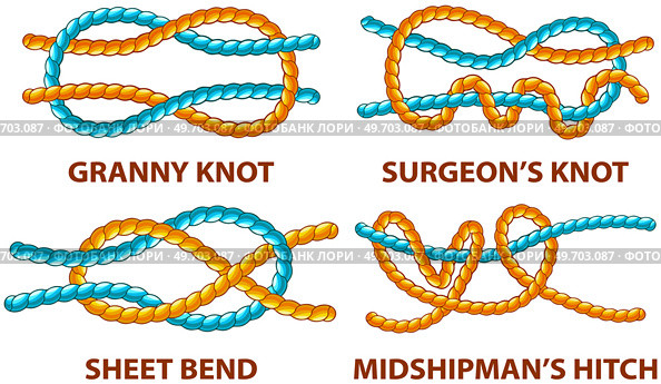 Yellow nautical rope knot, interweaving of ropes, cables, tapes or other flexible linear materials. Twisted tape set isolated on white. Special binding and fastening unit for permanent fastening. Yellow nautical rope knot, interweaving of ropes, cables, tapes or other flexible linear materials. Стоковая иллюстрация, агентство Ingram Publishing / Фотобанк Лори