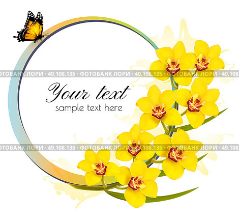 Yellow orchids banner with a butterfly. Vector. Стоковое фото, агентство Ingram Publishing / Фотобанк Лори