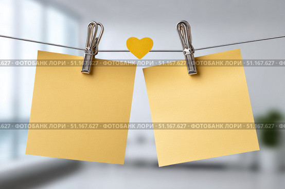 Yellow sticky notes clipped to clothesline, heart shaped paper between them, symbolizing romantic communication or heartfelt message. Стоковое AI-изображение, AI-художник Юрий Поздников / Фотобанк Лори