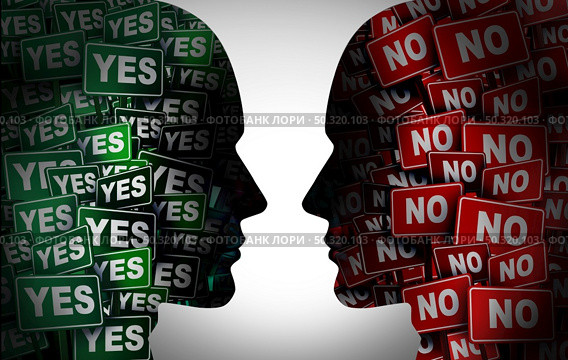 Yes or no concept or political election choice disagreement or opposing opinions and idea conflict as two people that disagree on how to proceed on a decision with 3D illustration elements. Стоковое фото, агентство Ingram Publishing / Фотобанк Лори