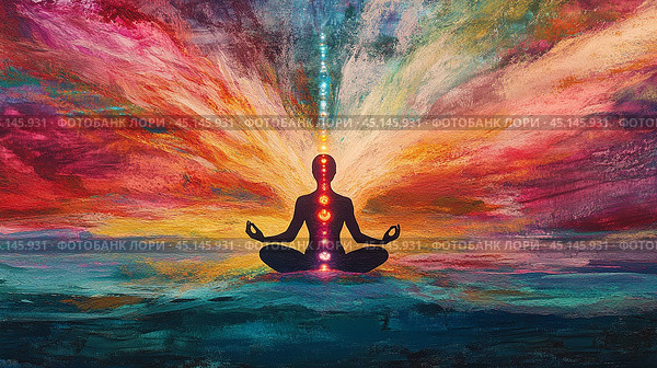 Yoga Esotericism woman is sitting in a lotus position with her hands on her knees. She is surrounded by a colorful aura and is surrounded by a rainbow of colors. Стоковое AI-изображение, AI-художник Ekaterina Ismagilova / Фотобанк Лори
