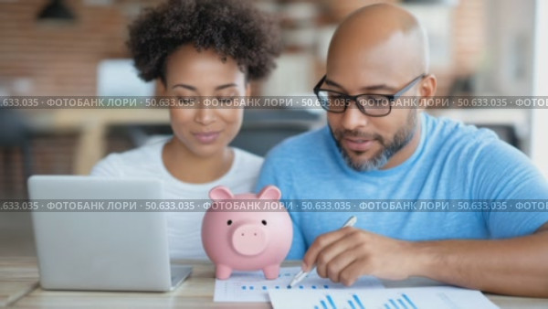 Young African American couple managing finances at home, with laptop, documents. Стоковое AI-видео, аниматор Екатерина Усенко / Фотобанк Лори