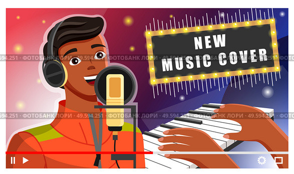 Young african american man in headphones singing near the microphone in recording studio. Screensaver of video blog post. Guy singer making a record of his voice. Young blogger singer recording a song. Young african american man in headphones singing in recording studio. Screensaver of video blog post. Стоковая иллюстрация, агентство Ingram Publishing / Фотобанк Лори