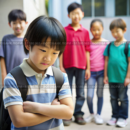 Young Asian Boy Feeling Excluded by Peers at School. Generative AI. Стоковое AI-изображение, AI-художник Roman Zavorotny / Фотобанк Лори