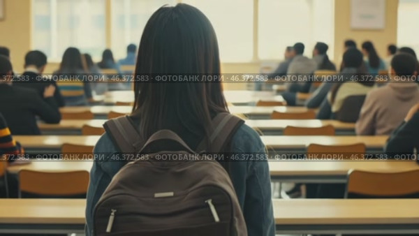 Young Asian woman during class in the university. Girl with backpack standing in a classroom. Female student attentively facing forward at lecture hall. Rear view. Knowledge in learning environment. Стоковое AI-видео, аниматор Марина Демидюк / Фотобанк Лори
