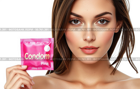 Young attractive woman holding bright pink condom package smiling slightly on white background showcasing modern sexual health awareness contraception safety and feminine empowerment concept. Стоковое AI-изображение, AI-художник Павел Муравьев / Фотобанк Лори